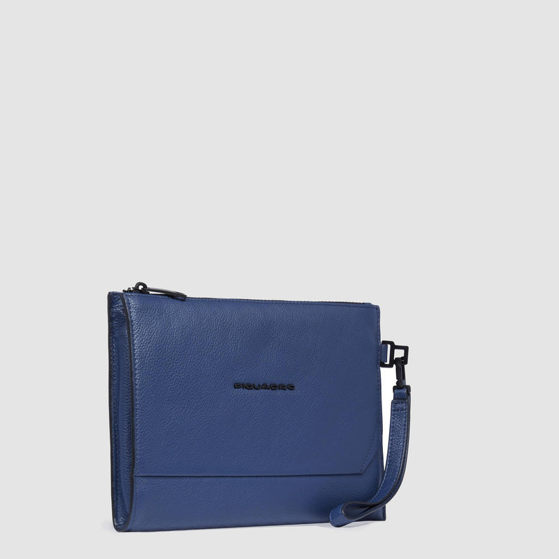 Pochette Piquadro Piatta Uomo Porta Ipad Mini Polsiera Removibile Pelle Martellata Blu