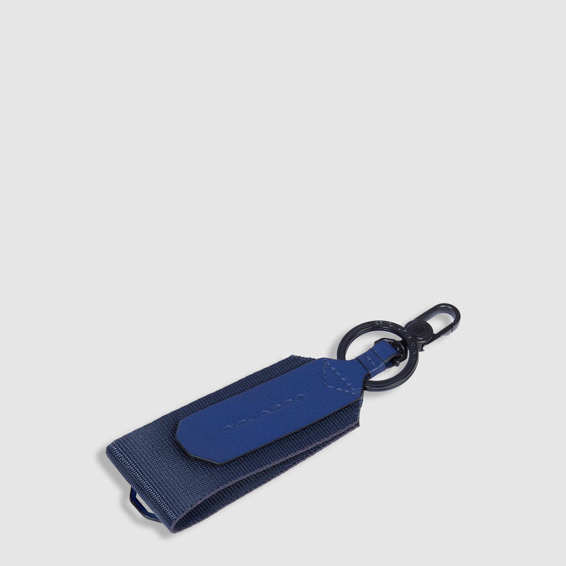Portachiavi Piquadro Inserto Rettangolare Brisé Moschettone Tessuto Address Tag Pelle Blu