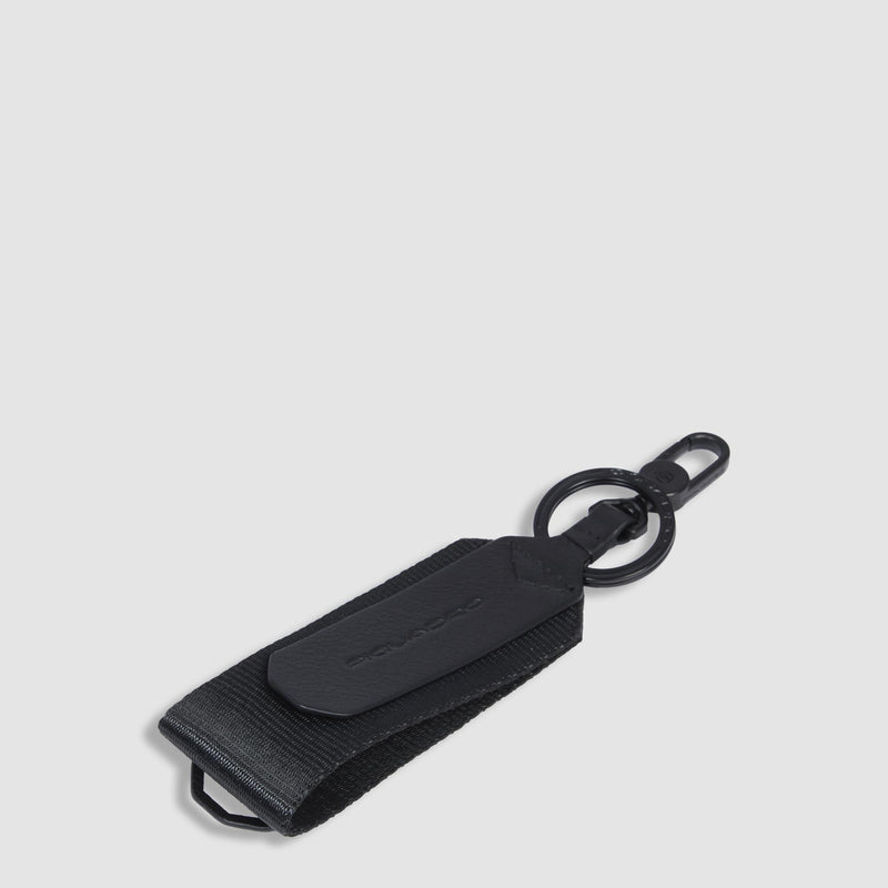 Portachiavi Piquadro Inserto Rettangolare Brisé Moschettone Tessuto Address Tag Pelle Nera