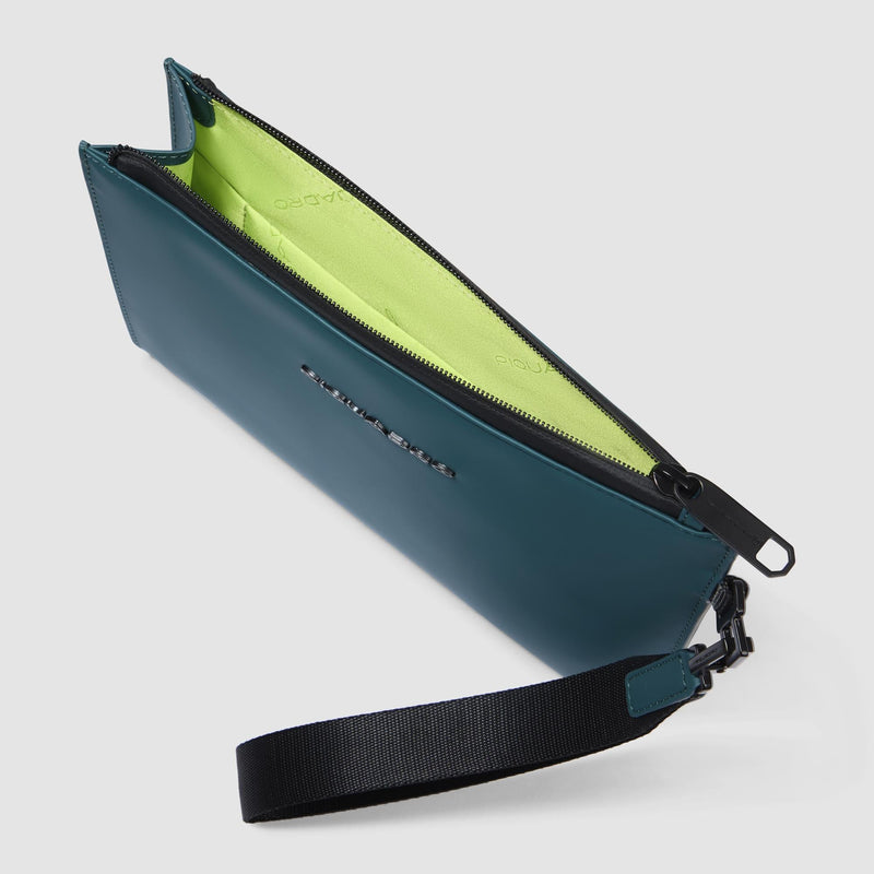 Pochette Piquadro Piatta Uomo Porta Ipad Polsiera Tessuto Gommato Ottanio