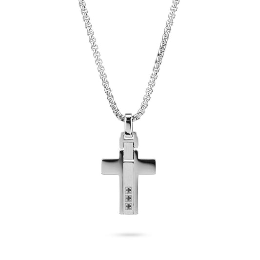 Collana Boccadamo Man Acciaio Maglia Rolò Pendente Croce Lucida e Satinata