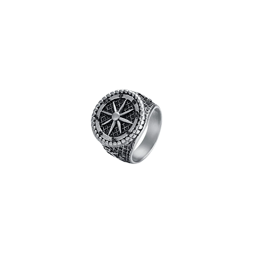 Anello Uomo Luca Barra Scudo Acciaio Brunito Con Rosa Dei Venti - Misura 21