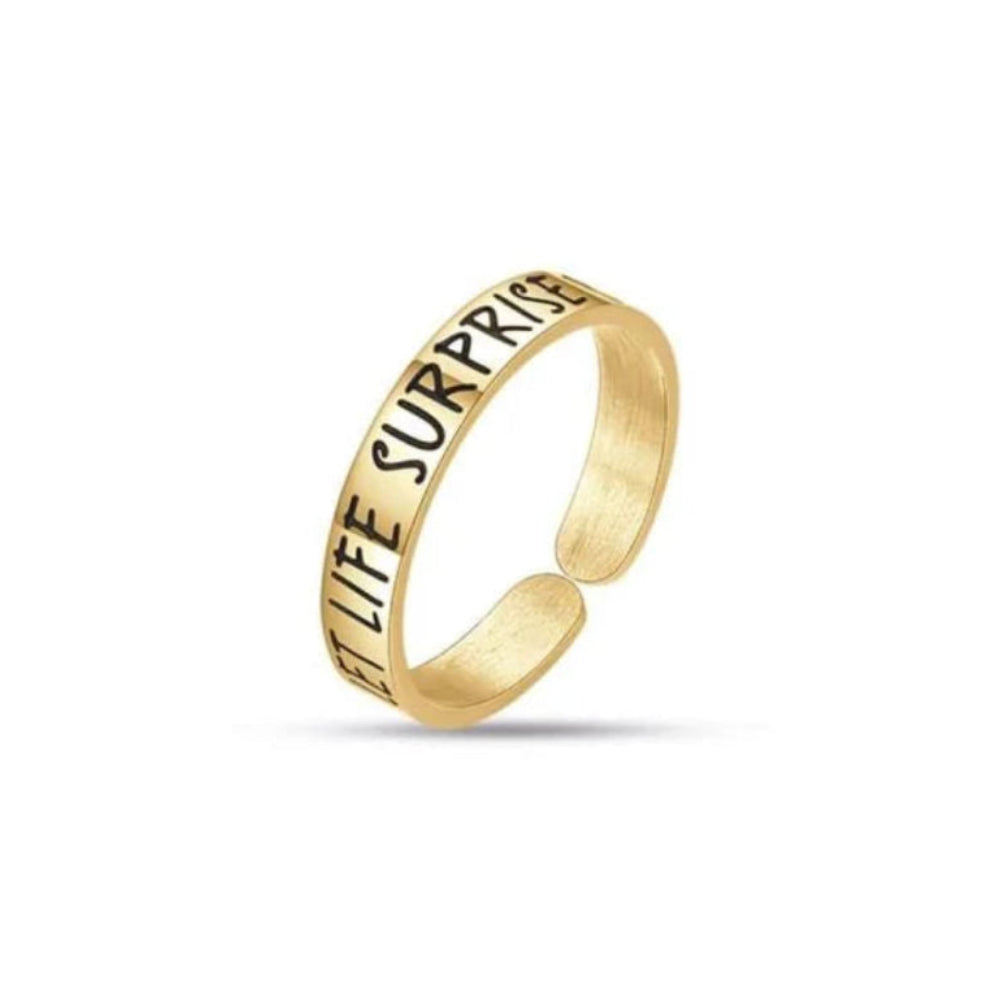 Anello Regolabile Luca Barra Donna Pvd Oro Frase Smalto Nero "Let Life Surprise You"