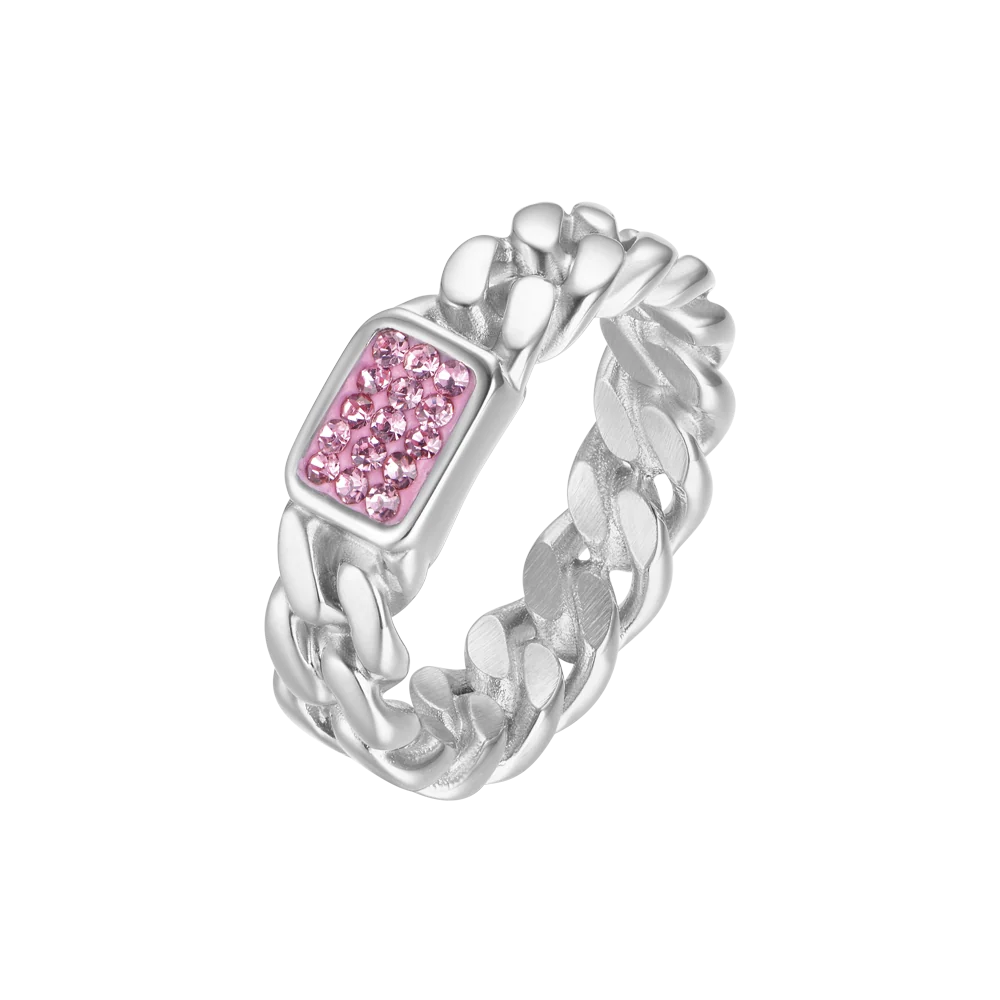 Anello Luca Barra Acciaio Grumetta Rigida Con Cristalli Rosa Centrali - Misura 11