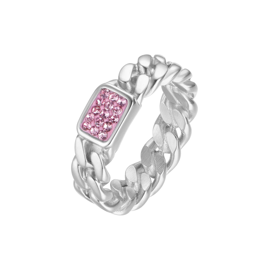Anello Luca Barra Acciaio Grumetta Rigida Con Cristalli Rosa Centrali - Misura 11
