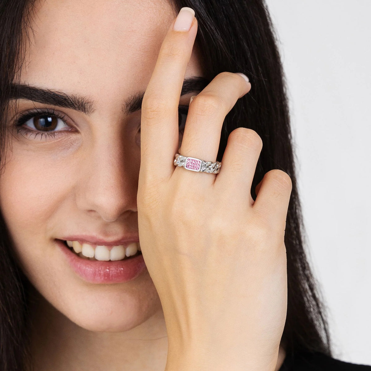 Anello Luca Barra Acciaio Grumetta Rigida Con Cristalli Rosa Centrali - Misura 11