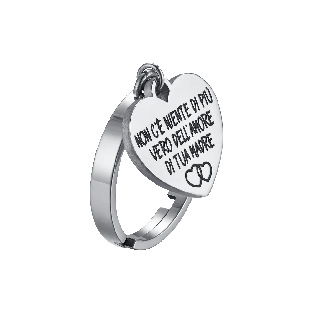 Anello Regolabile Luca Barra Acciaio Charm Cuore Scritta "Non C'è Niente Di Più Vero Dell'amore di Tua Madre"