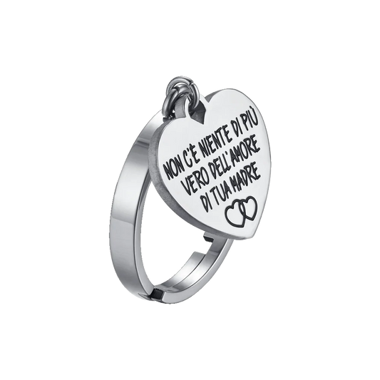 Anello Regolabile Luca Barra Acciaio Charm Cuore Scritta "Non C'è Niente Di Più Vero Dell'amore di Tua Madre"
