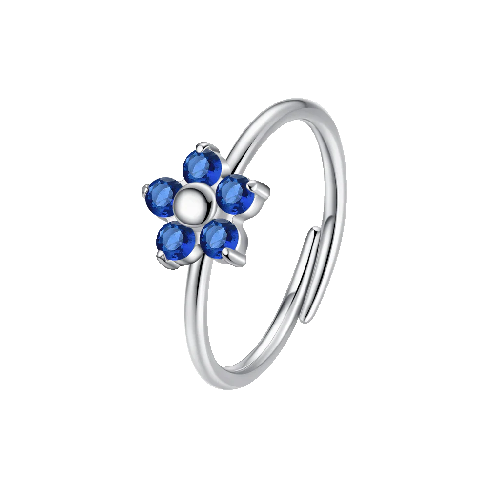 Anello Regolabile Luca Barra Acciaio Fiore Petali Zirconi Blu