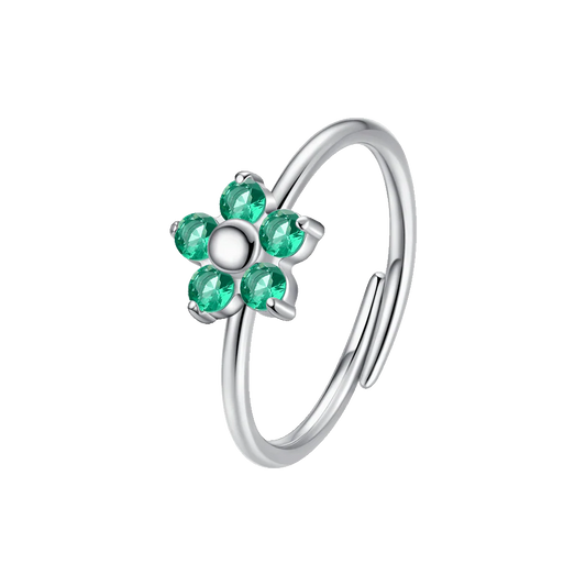 Anello Regolabile Luca Barra Acciaio Fiore Petali Zirconi Verdi