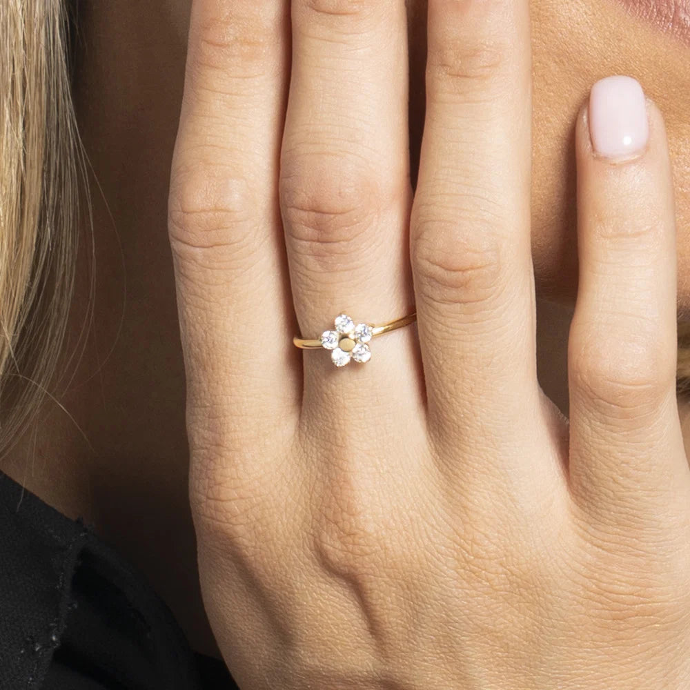 Anello Regolabile Luca Barra Regolabile Pvd Oro Con Fiore Petali Zirconi