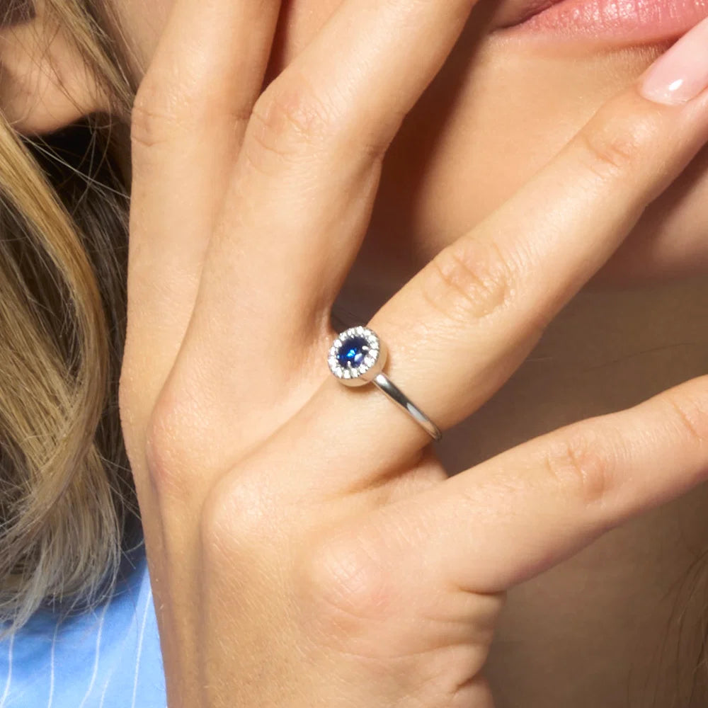 Anello Regolabile Luca Barra Acciaio Con Cristallo Tondo Blu Contornato