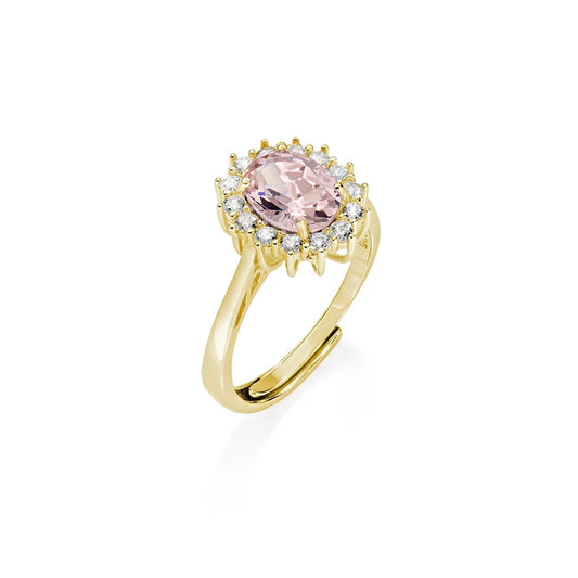 Anello Regolabile Amen Lady Royal Argento Dorato Modello Kate Zircone Ovale Rosa Contornato - Misura 16-20