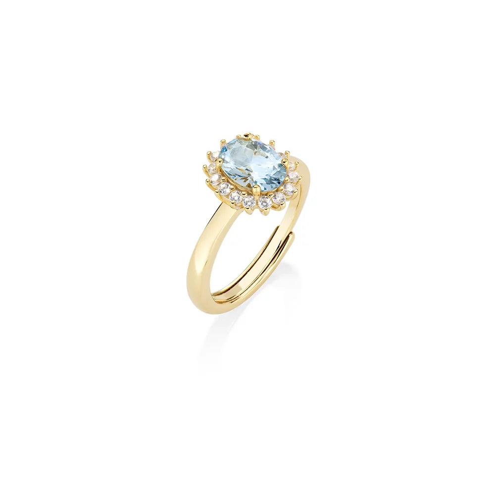 Anello Regolabile Amen Lady Royal Mini Argento Dorato Modello Kate Zircone Ovale Blu London Contornato - Misura 16-20