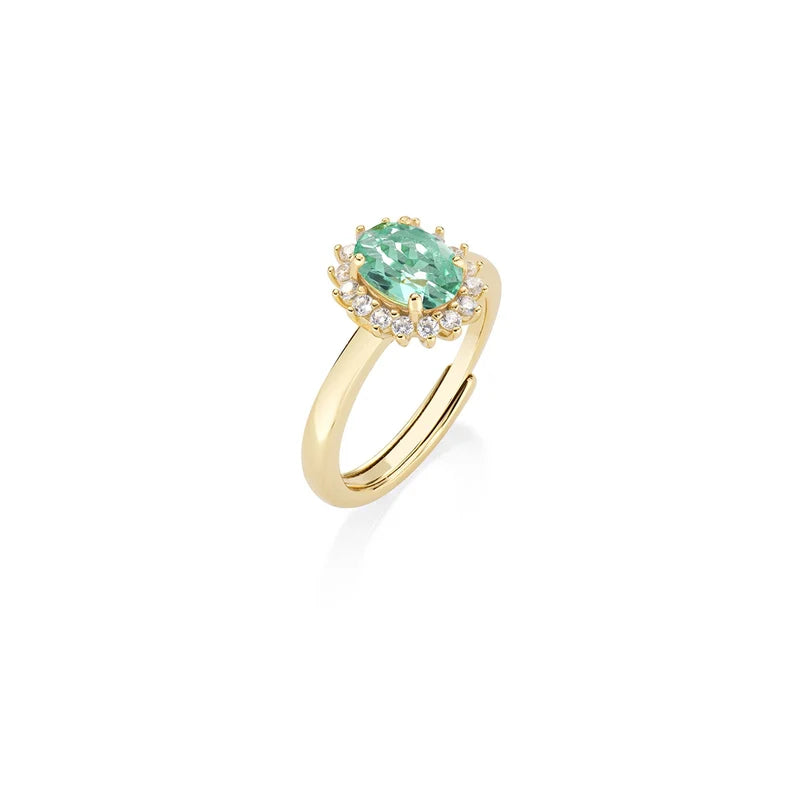 Anello Regolabile Amen Lady Royal Mini Argento Dorato Modello Kate Zircone Ovale Verde Acqua Contornato - Misura 10-14