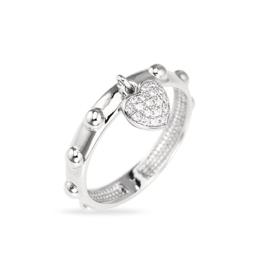 Anello Amen Argento Rosario Charm Cuore Con Zirconi - Misura 14