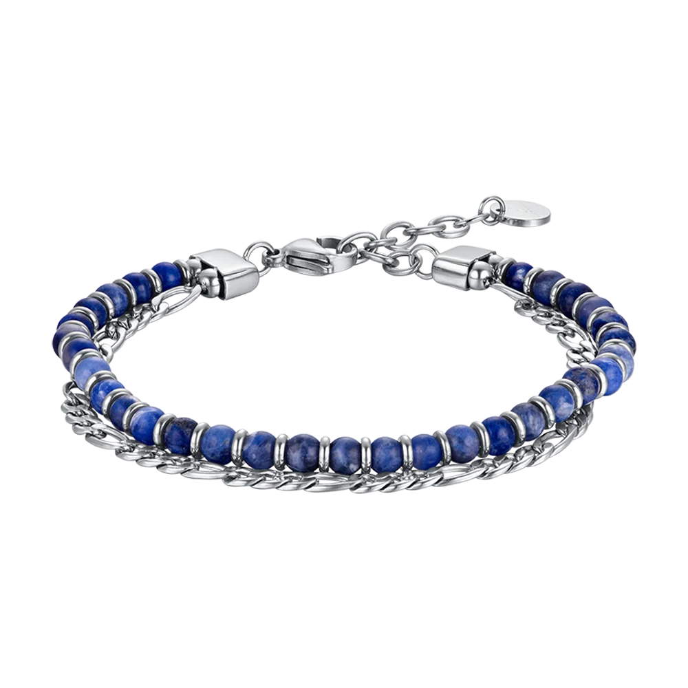 Bracciale Uomo Luca Barra Acciaio Doppio Filo Catena Grumetta/Sferette Blu