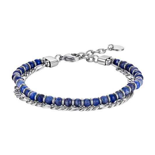 Bracciale Uomo Luca Barra Acciaio Doppio Filo Catena Grumetta/Sferette Blu