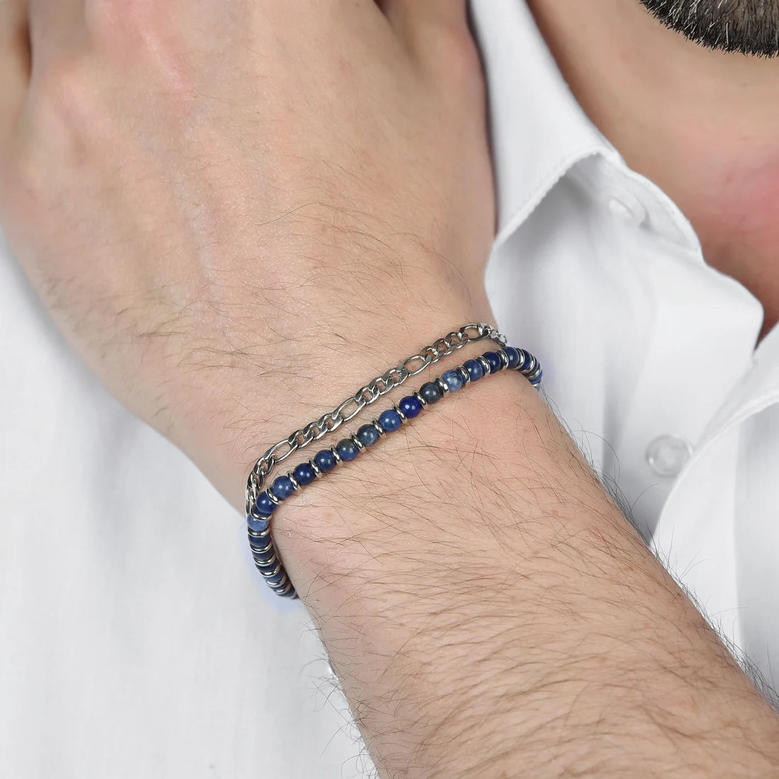 Bracciale Uomo Luca Barra Acciaio Doppio Filo Catena Grumetta/Sferette Blu