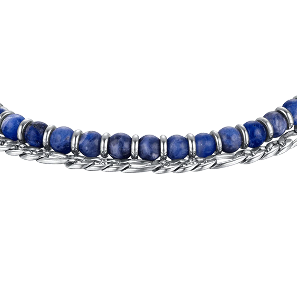 Bracciale Uomo Luca Barra Acciaio Doppio Filo Catena Grumetta/Sferette Blu
