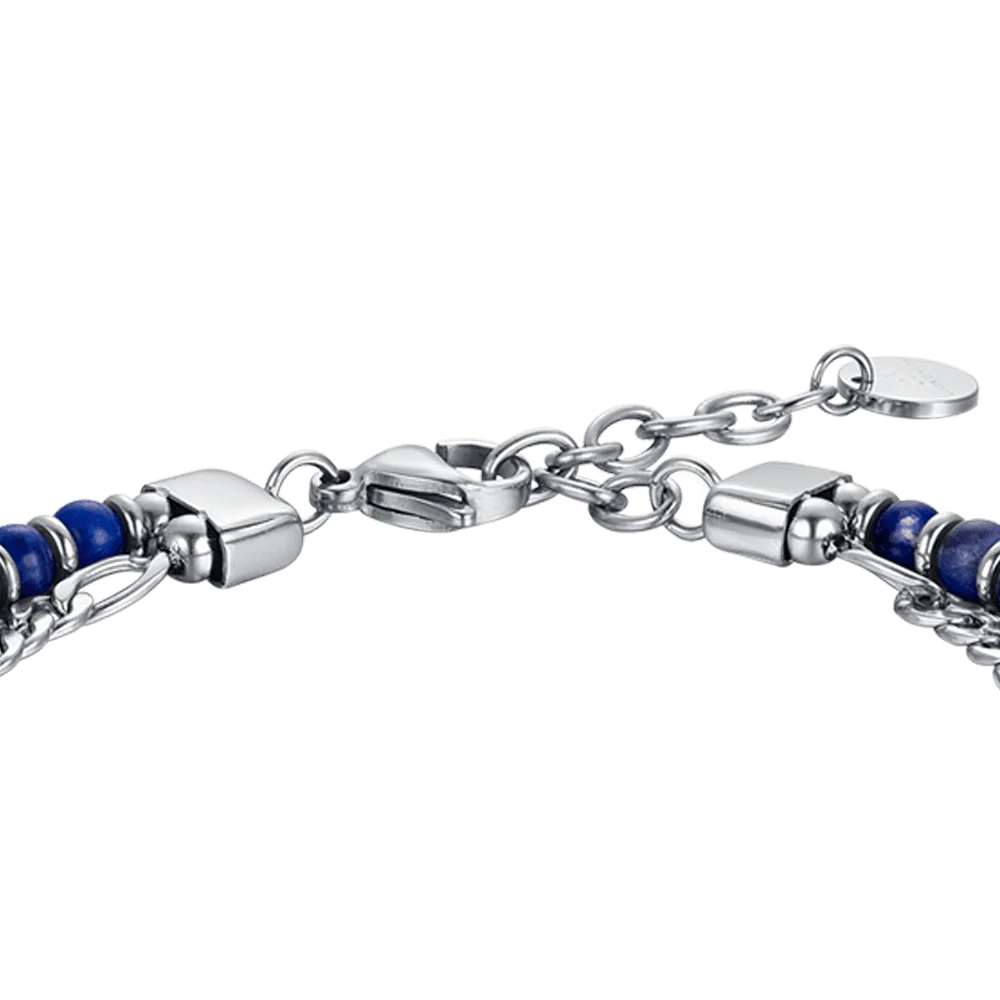 Bracciale Uomo Luca Barra Acciaio Doppio Filo Catena Grumetta/Sferette Blu