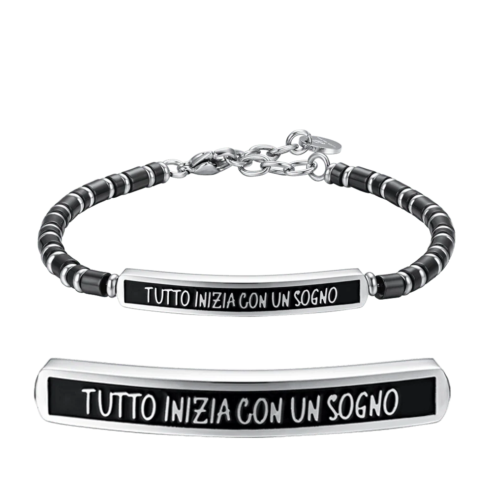 Bracciale Uomo Luca Barra Acciaio Pietre Cilindriche Nere Piastrina Centrale Frase "Tutto Inizia Con Un Sogno"