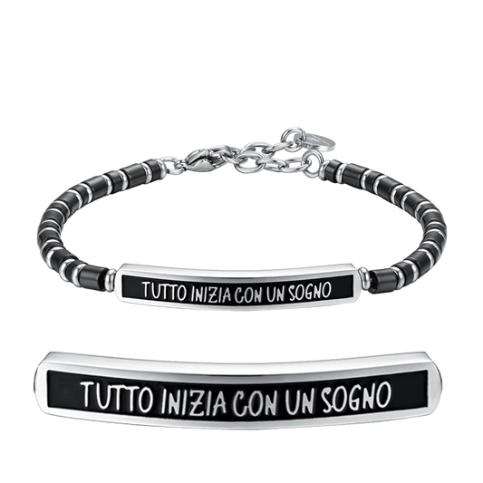 Bracciale Uomo Luca Barra Acciaio Pietre Cilindriche Nere Piastrina Centrale Frase "Tutto Inizia Con Un Sogno"