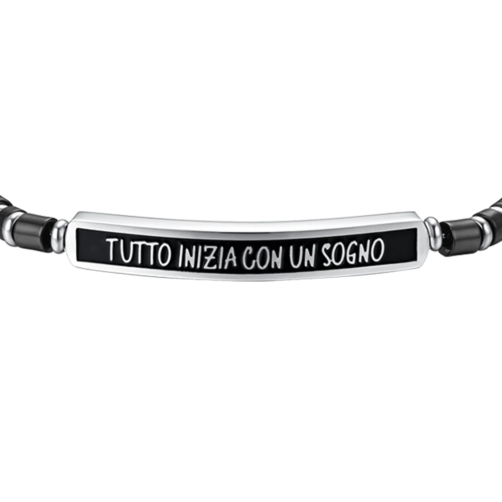 Bracciale Uomo Luca Barra Acciaio Pietre Cilindriche Nere Piastrina Centrale Frase "Tutto Inizia Con Un Sogno"