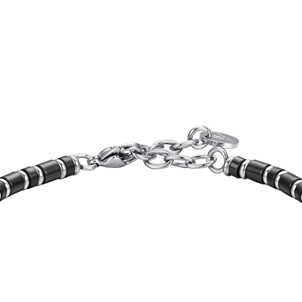 Bracciale Uomo Luca Barra Acciaio Pietre Cilindriche Nere Piastrina Centrale Frase "Tutto Inizia Con Un Sogno"