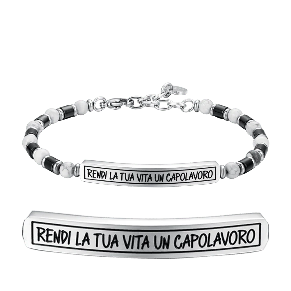 Bracciale Uomo Luca Barra Acciaio Pietre Bianche/Nere Piastrina Centrale Frase "Rendi La Tua Vita Un Capolavoro"