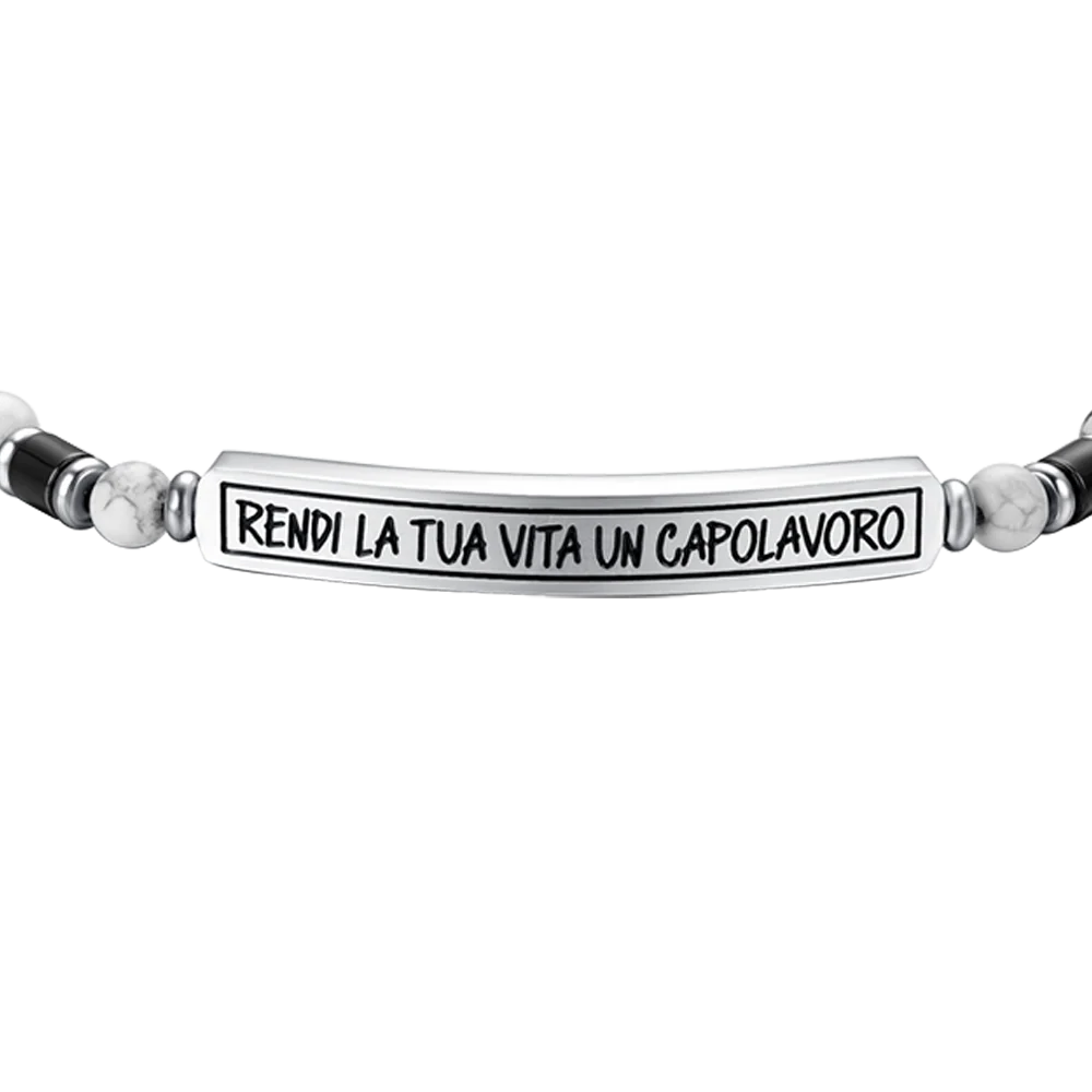 Bracciale Uomo Luca Barra Acciaio Pietre Bianche/Nere Piastrina Centrale Frase "Rendi La Tua Vita Un Capolavoro"