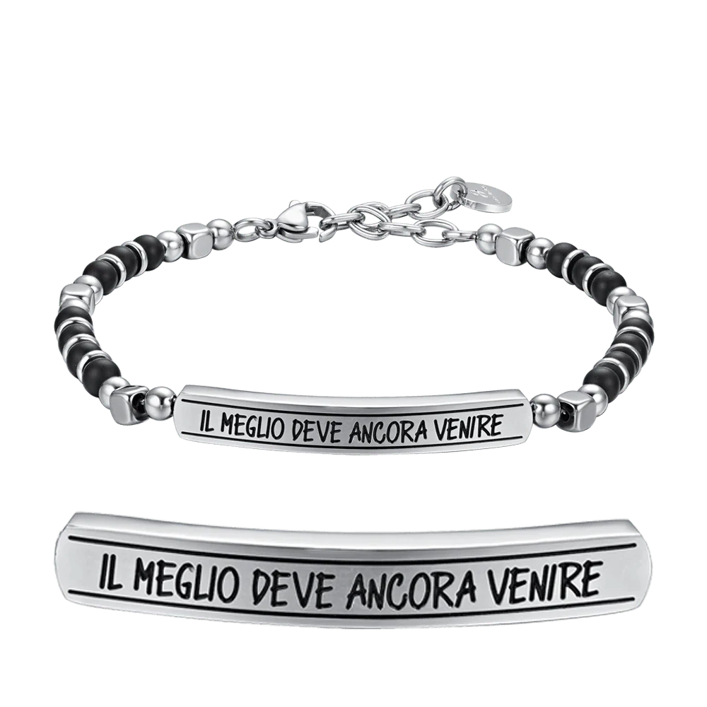 Bracciale Uomo Luca Barra Acciaio Pietre Sferiche Nere Piastrina Centrale Frase "Il Meglio Deve Ancora Venire"