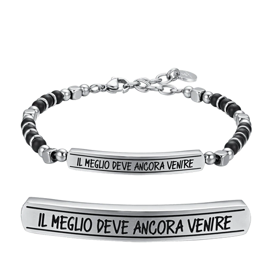 Bracciale Uomo Luca Barra Acciaio Pietre Sferiche Nere Piastrina Centrale Frase "Il Meglio Deve Ancora Venire"