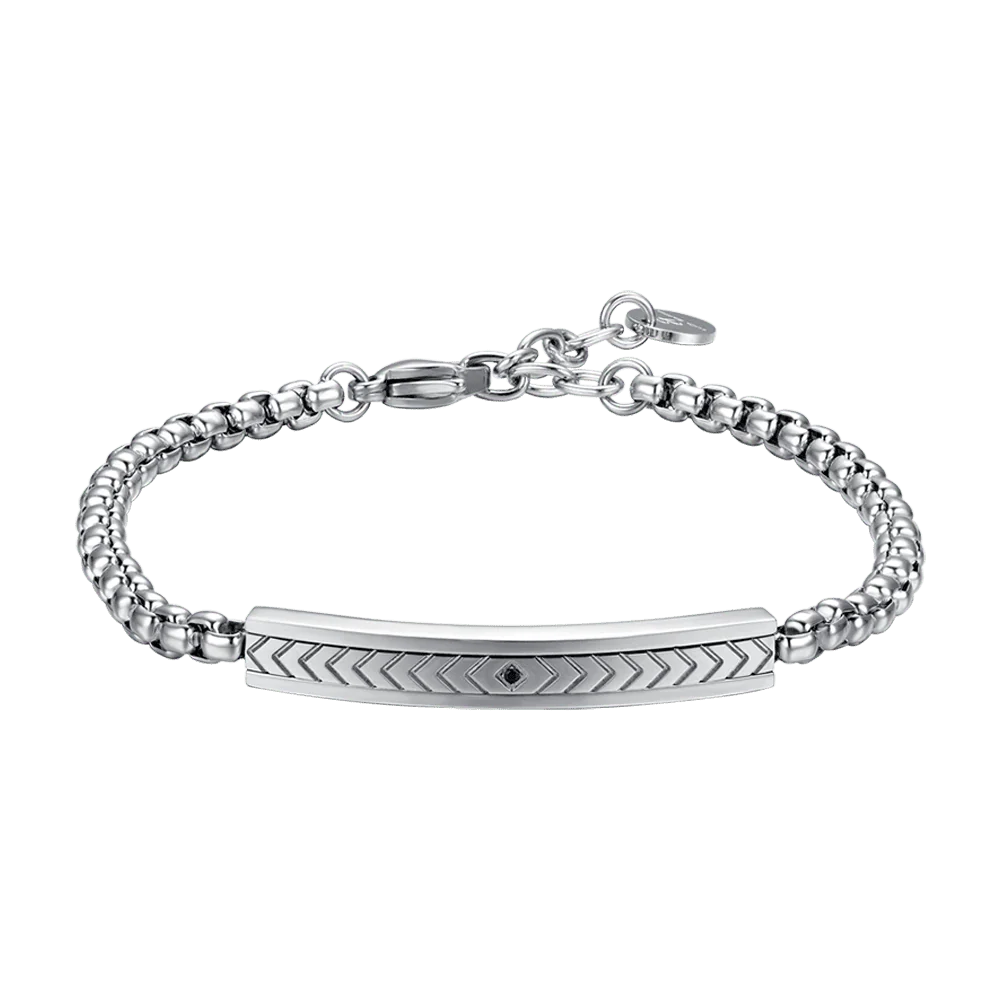 Bracciale Uomo Luca Barra Acciaio Piastrina Centrale Disegni Geometrici e Cristallo Nero