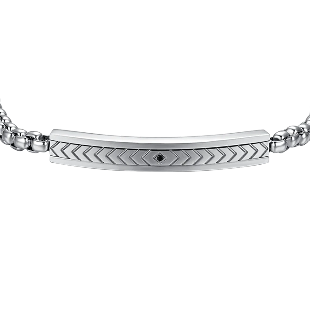 Bracciale Uomo Luca Barra Acciaio Piastrina Centrale Disegni Geometrici e Cristallo Nero