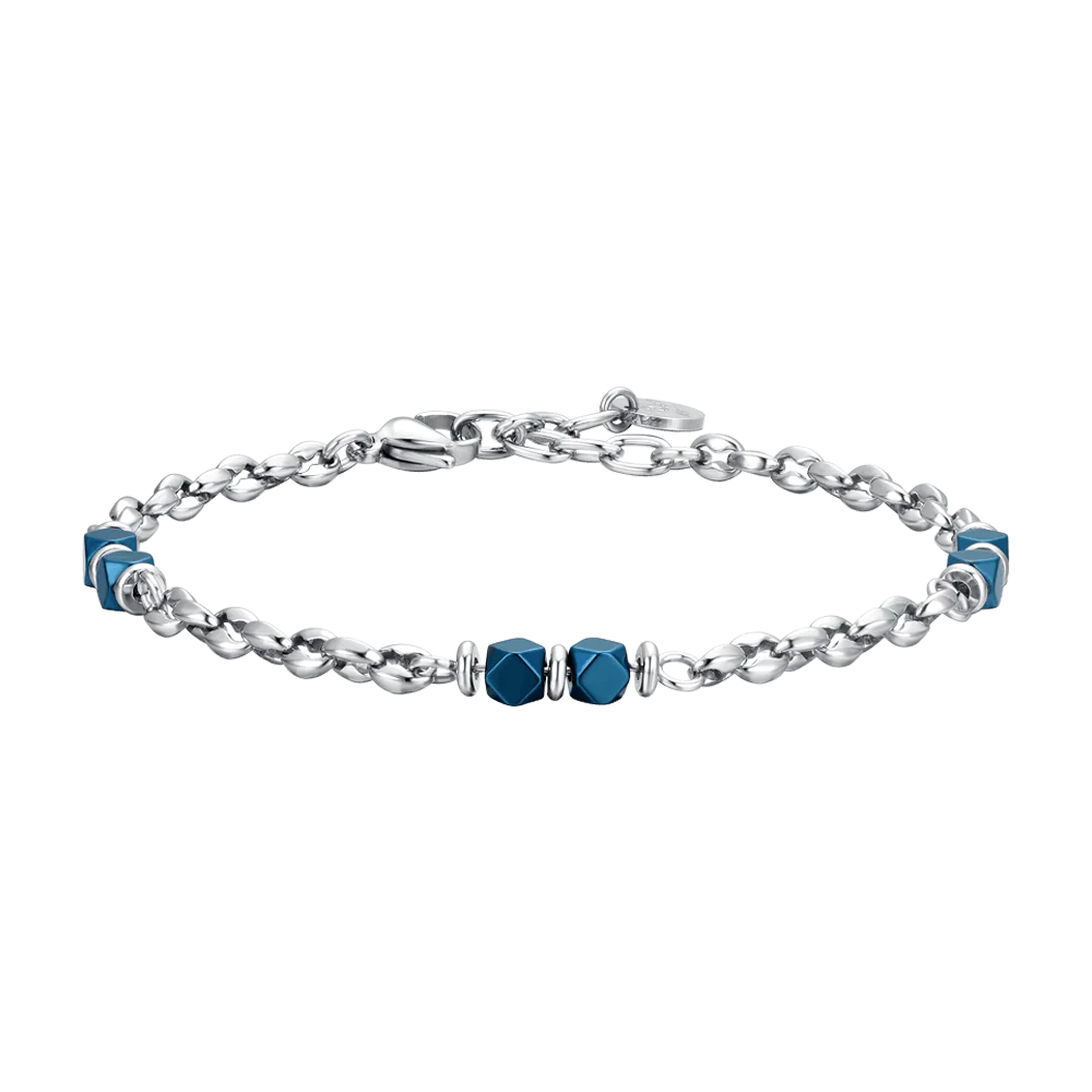 Bracciale Uomo Luca Barra Acciaio Maglia Chicco Di Caffè Con Pietre Cubiche Ematite Blu