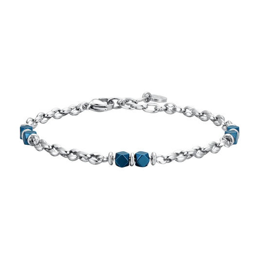 Bracciale Uomo Luca Barra Acciaio Maglia Chicco Di Caffè Con Pietre Cubiche Ematite Blu