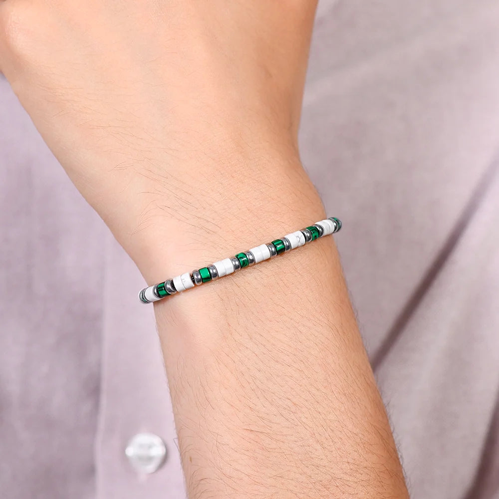 Bracciale Uomo Luca Barra Acciaio Con Dischetti Pietra Verde/Bianca