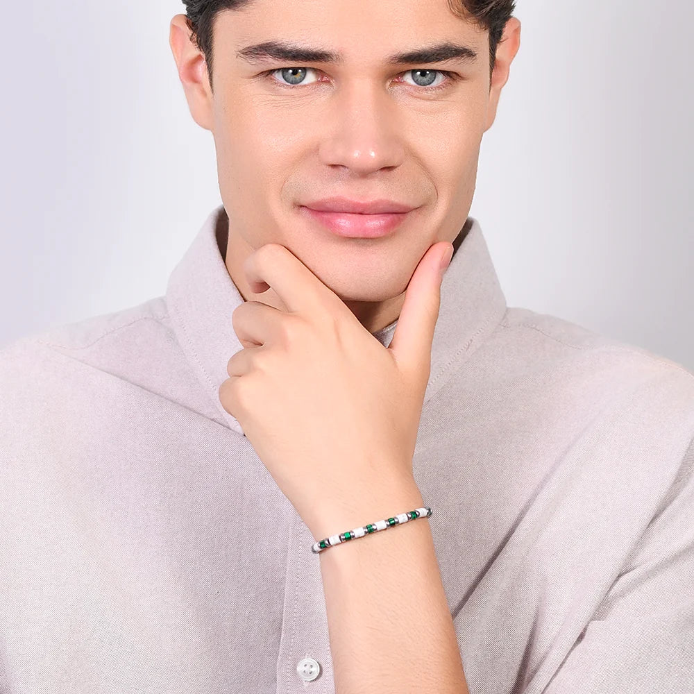 Bracciale Uomo Luca Barra Acciaio Con Dischetti Pietra Verde/Bianca