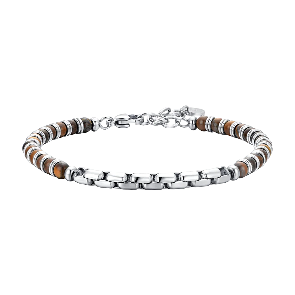 Bracciale Uomo Luca Barra Acciaio Sfere Pietra Marrone e Centrale Catena
