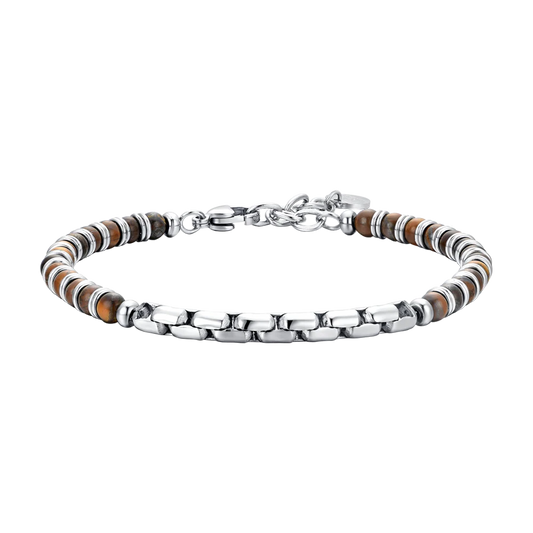 Bracciale Uomo Luca Barra Acciaio Sfere Pietra Marrone e Centrale Catena