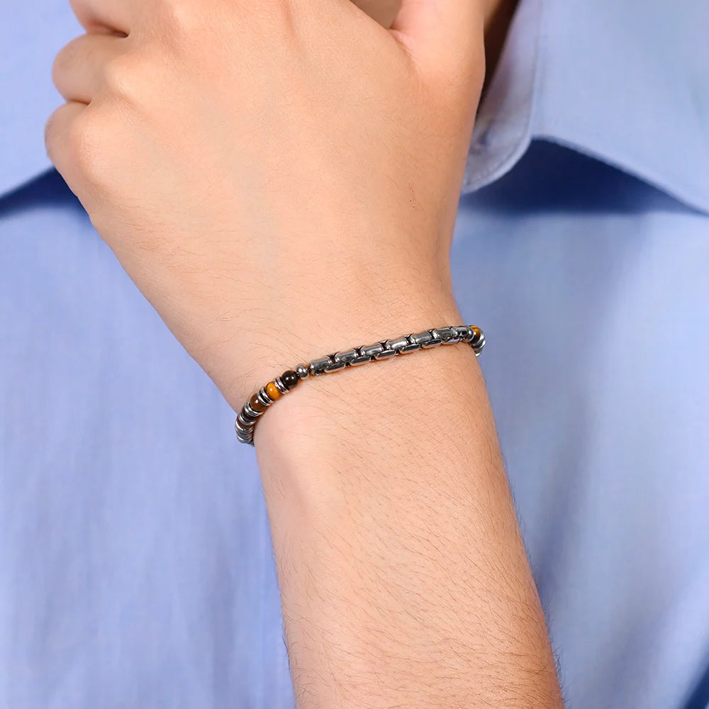 Bracciale Uomo Luca Barra Acciaio Sfere Pietra Marrone e Centrale Catena