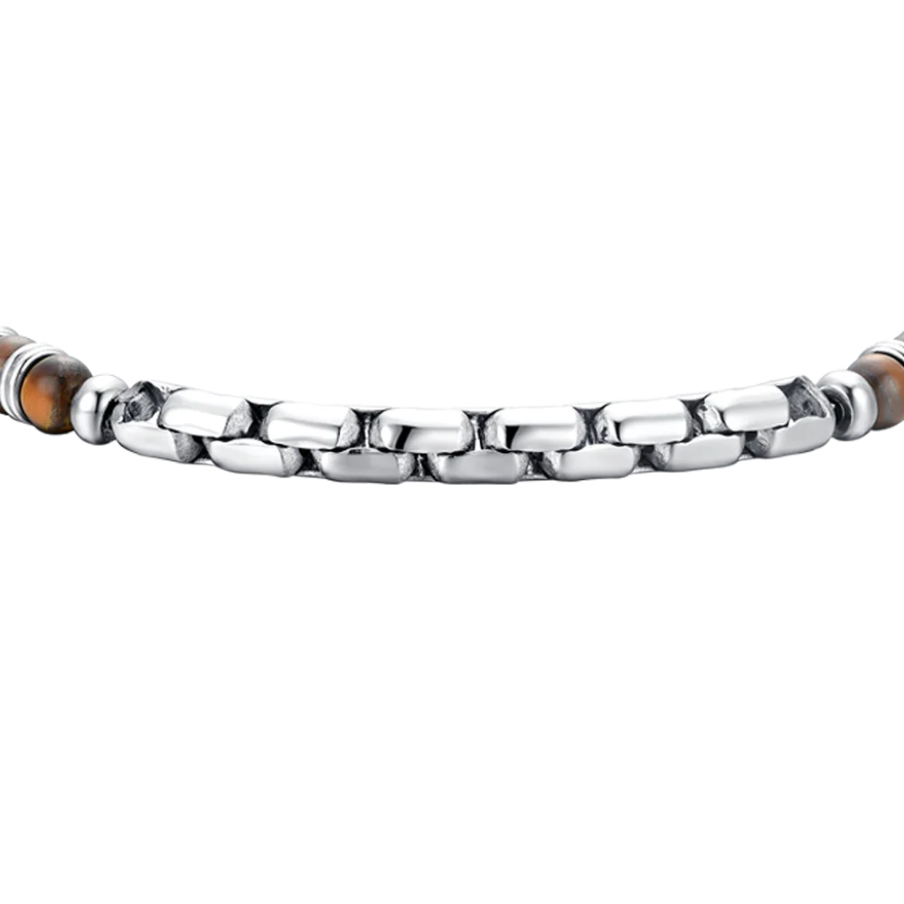 Bracciale Uomo Luca Barra Acciaio Sfere Pietra Marrone e Centrale Catena