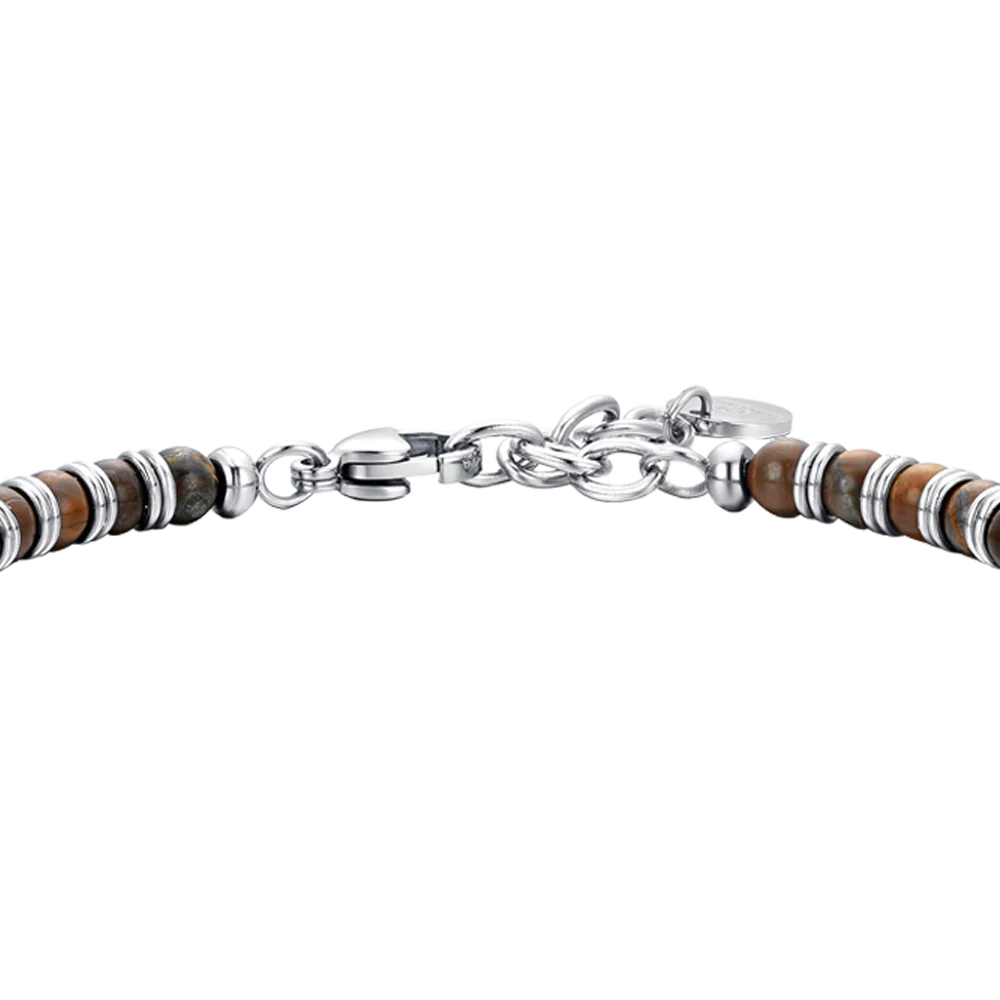 Bracciale Uomo Luca Barra Acciaio Sfere Pietra Marrone e Centrale Catena