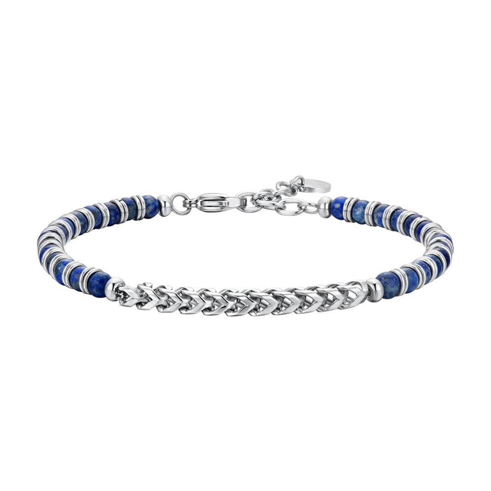 Bracciale Uomo Luca Barra Acciaio Sfere Pietra Blu Centrale Catena Maglia Spiga