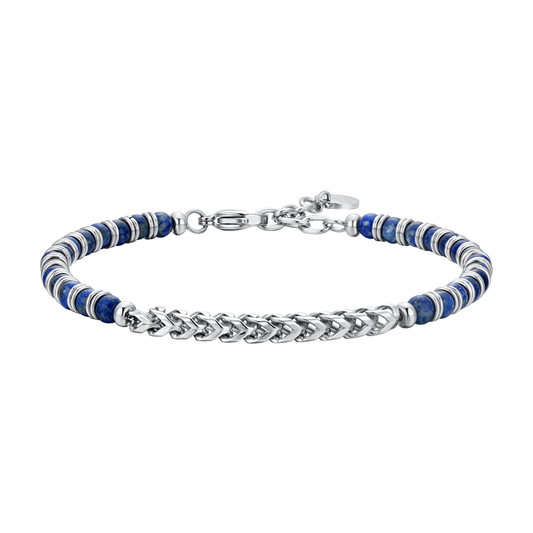Bracciale Uomo Luca Barra Acciaio Sfere Pietra Blu Centrale Catena Maglia Spiga