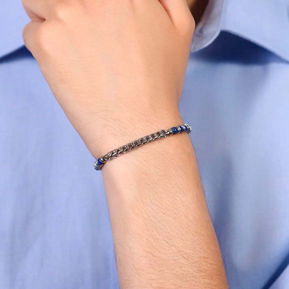 Bracciale Uomo Luca Barra Acciaio Sfere Pietra Blu Centrale Catena Maglia Spiga