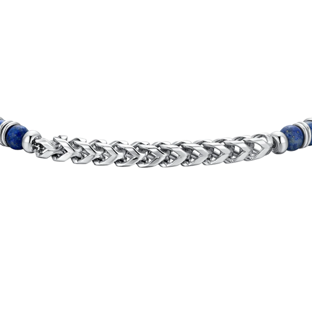 Bracciale Uomo Luca Barra Acciaio Sfere Pietra Blu Centrale Catena Maglia Spiga