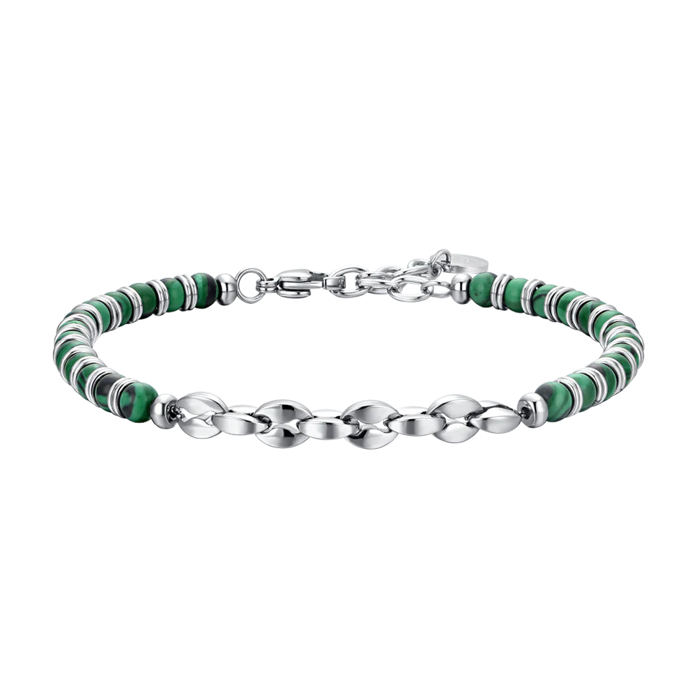 Bracciale Uomo Luca Barra Acciaio Sfere Pietre Verdi Elemento Centrale in Maglia Marinara