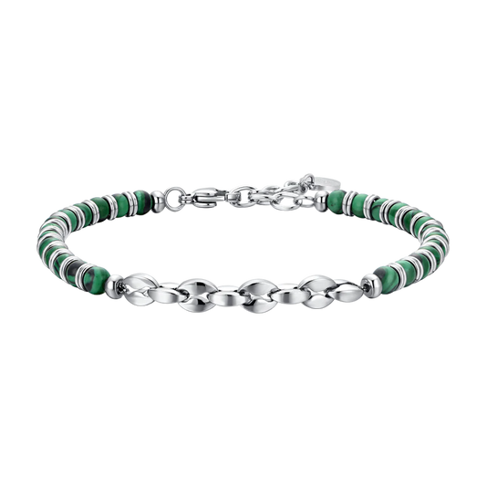 Bracciale Uomo Luca Barra Acciaio Sfere Pietre Verdi Elemento Centrale in Maglia Marinara